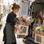 Florystka wkłada zabezpieczone bukiety do samochodu dostawczego na miejskiej ulicy.